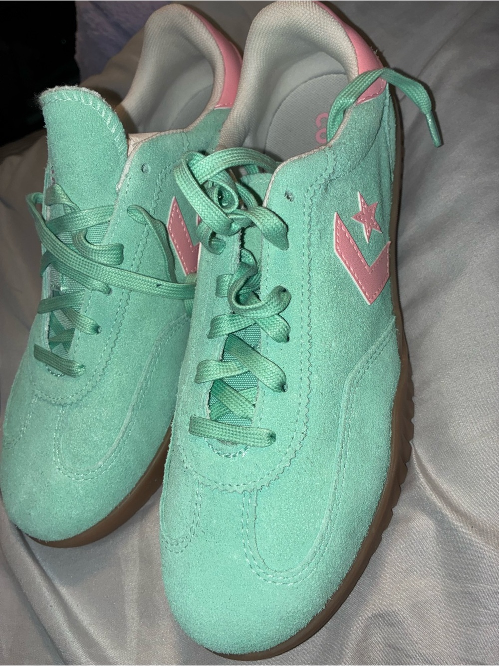 Converse Women's Mint Green Suede Sneakers with Pink Accents
